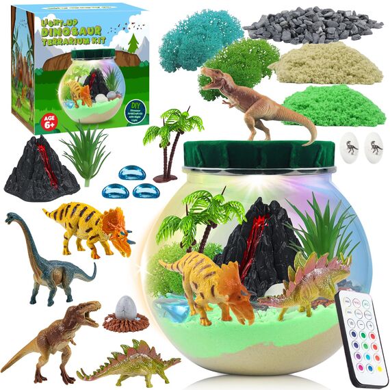 Dinosaurier Spielzeug, DIY Dinosaurier Terrarium Set mit Timing Fernbedienung und farbigen Lichtern, Nachtlicht Selber Basteln Kinder, Wissenschaftliche Bastelsets, Weihnachten Geschenke für Jungen
