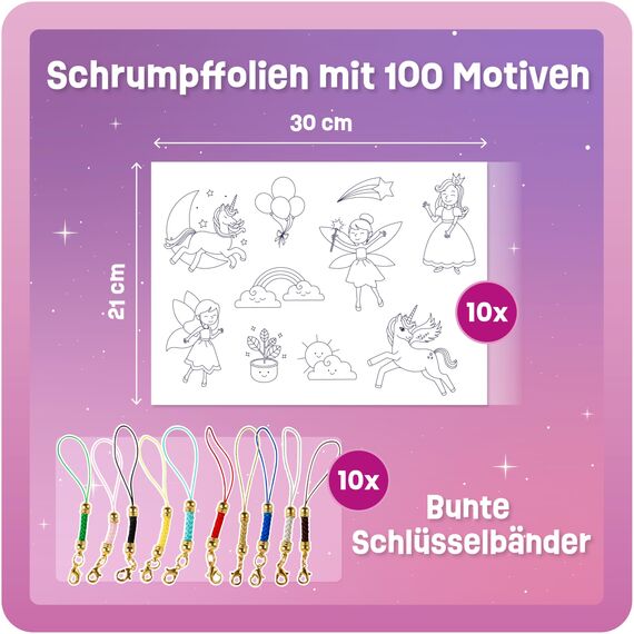 Smowo® 10 Schrumpffolien mit Einhorn Motiven & Schlüsselanhängern - Zauberhaftes Bastelset für Mädchen - Schrumpfende Plastikfolien mit 100 schönen Designs