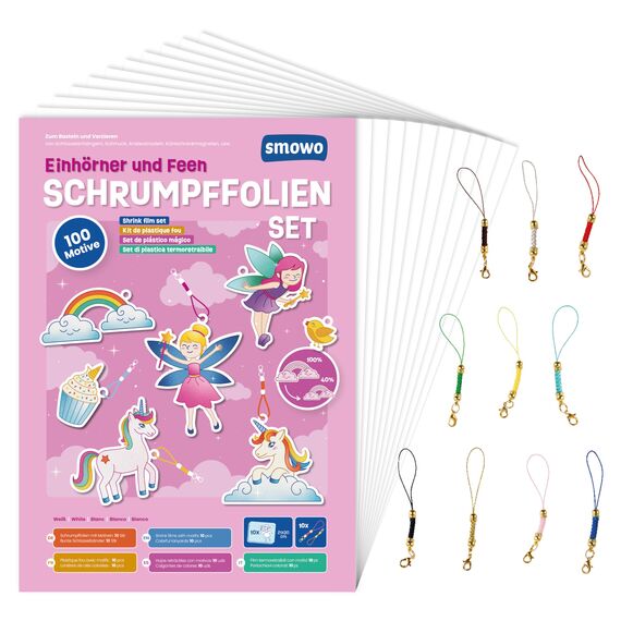 Smowo® 10 Schrumpffolien mit Einhorn Motiven & Schlüsselanhängern - Zauberhaftes Bastelset für Mädchen - Schrumpfende Plastikfolien mit 100 schönen Designs