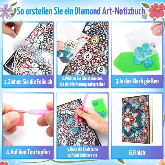 pearoft Basteln Mädchen 7 8 9 10 Jahre, Geschenke Mädchen 6-12 Jahre Diamant Painting A5 Notizbuch Bastelset Kinder Spielzeug ab 5-7-9-11 Jahre Geburtstagsgeschenk Tagebuch Mandalas Geschenkideen