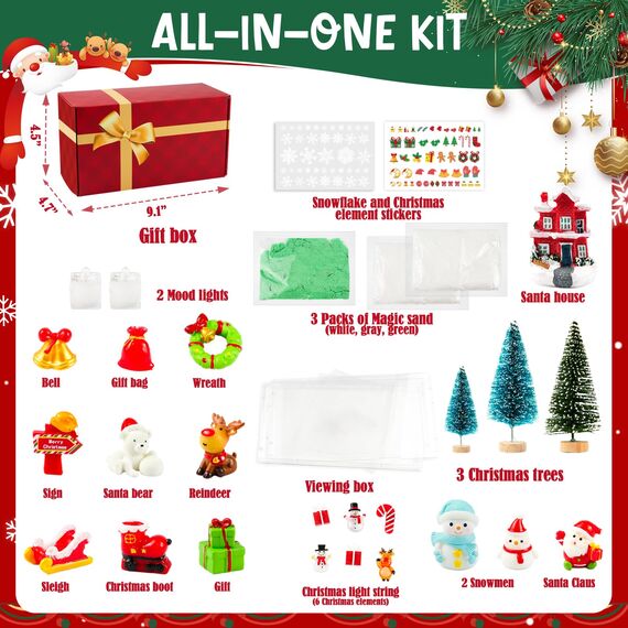 MYDOVA DIY Weihnachten Terrarium Bastelset mit Lichter, Mini Weihnachtshaus Bauspielzeug mit Magischem Knetsand&Harz Weihnachtsfiguren, Nachtlicht Basteln, Geschenkset zu Weihnachten für Kinder