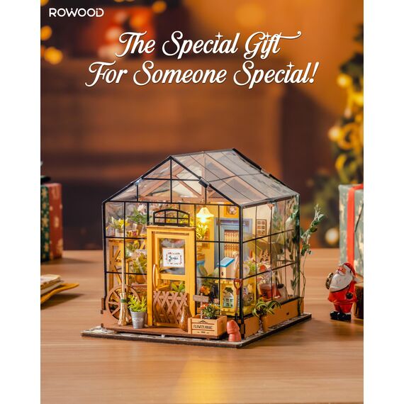 RoWood DIY Miniatur Haus Puppenhaus Gewächshaus mit Licht, DIY Mini Holz Haus Modell Set, Bastelset Geburtstag Geschenke für Erwachsene Frauen Mädchen - Cathys Blumenhaus