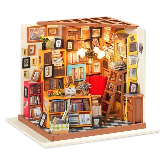 RoWood DIY Miniatur Haus Buchhandlung Puppenhaus mit Licht, DIY Mini Holz Haus Modell Set, Bastelset Geburtstag Geschenke für Erwachsene Frauen Mädchen