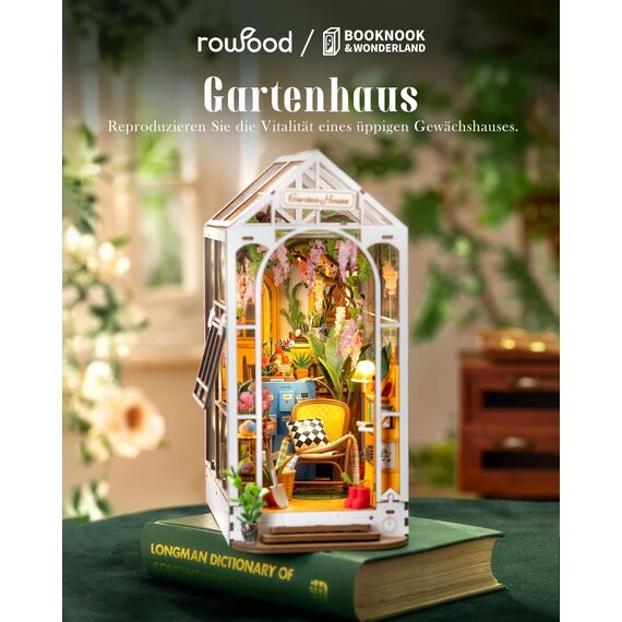 ROWOOD Book Nook Kit Gartenhaus, DIY Booknook Diorama Buchstütze Modellbausatz 3D Puzzle Aus Holz - Miniatur Haus Kit Bastelset Geschenke