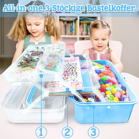 LINAYE 3000+Pcs Bastelset für Kinder Bastelbox Bastelmaterial Set,Bastelkoffer Gehören Pompons,Pfeifenreiniger,Scrapbooking Basteln Kinder Alter 4 bis 10 Geschenk für Junge Mädchen Bastelbedarf Blau