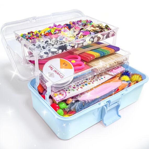 LINAYE 3000+Pcs Bastelset für Kinder Bastelbox Bastelmaterial Set,Bastelkoffer Gehören Pompons,Pfeifenreiniger,Scrapbooking Basteln Kinder Alter 4 bis 10 Geschenk für Junge Mädchen Bastelbedarf Blau