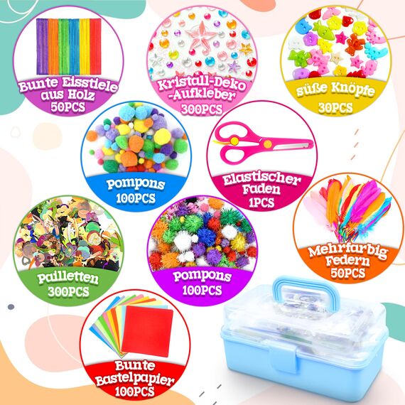 LINAYE 3000+Pcs Bastelset für Kinder Bastelbox Bastelmaterial Set,Bastelkoffer Gehören Pompons,Pfeifenreiniger,Scrapbooking Basteln Kinder Alter 4 bis 10 Geschenk für Junge Mädchen Bastelbedarf Blau