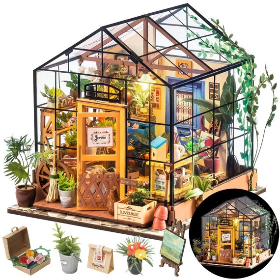 RoWood DIY Miniatur Haus Puppenhaus Gewächshaus mit Licht, DIY Mini Holz Haus Modell Set, Bastelset Geburtstag Geschenke für Erwachsene Frauen Mädchen - Cathys Blumenhaus