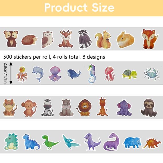 4 Roll Tier Sticker Kinder Stickers,Tieraufkleber Runde Cartoon Tier Aufkleber,Tiersticker Wasserdicht Tiersticker zum Aufkleben Kinder,Selbstklebende Stickerrolle für Scrapbook Laptop Trinkflasche