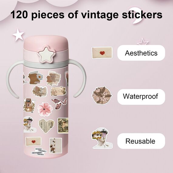 120 Stück Vintage Aufkleber, Sticker Aesthetic, Wasserfeste Vinyl Aufkleber für DIY Journal Scrapbook Sticker Fotoalbum Craft Notebook Aesthetic Deko