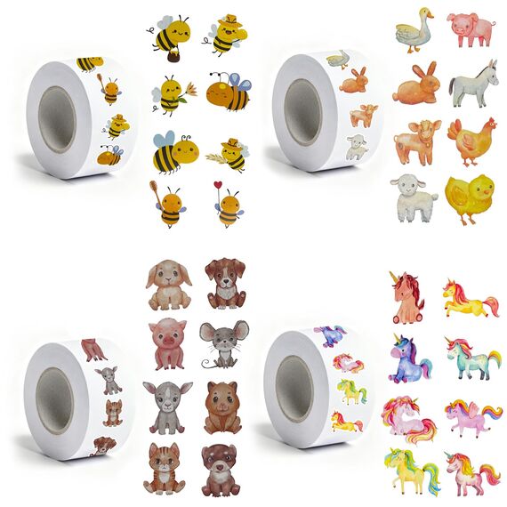 4 Roll Tier Sticker Kinder Stickers,Tieraufkleber Runde Cartoon Tier Aufkleber,Tiersticker Wasserdicht Tiersticker zum Aufkleben Kinder,Selbstklebende Stickerrolle für Scrapbook Laptop Trinkflasche