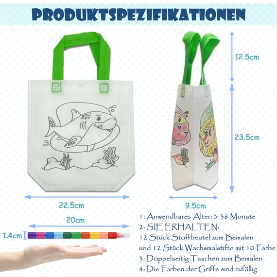 ICEPAPA, 12 Stück Stoffbeutel zum Bemalen für Kinder und 12 Stück Stapelbare Wachsmalstifte (10 Farben in 1), Perfekt für Kindergeburtstag Gastgeschenke und Kleine Geschenke