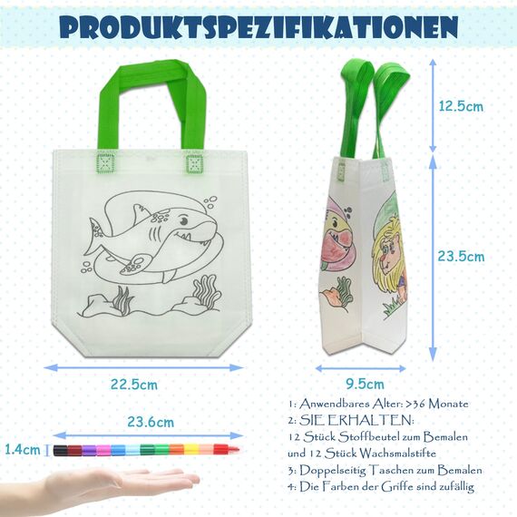 ICEPAPA, 12 Stück Stoffbeutel zum Bemalen für Kinder und 12 Stück Stapelbare Wachsmalstifte (12 Farben in 1), Perfekt für Kindergeburtstag Gastgeschenke, Give aways kindergeburtstag