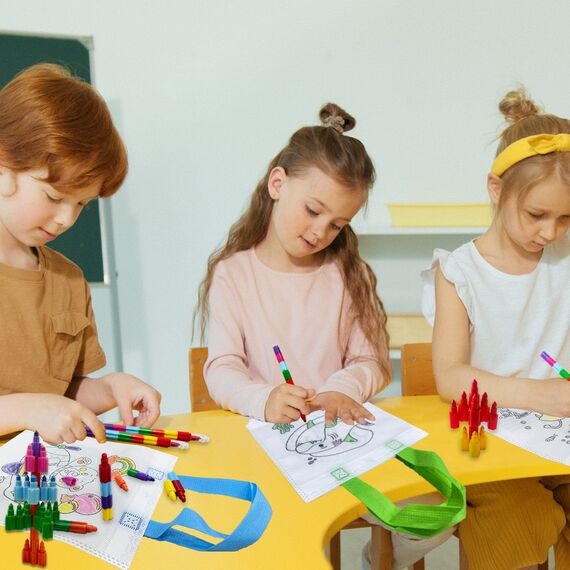 ICEPAPA, 12 Stück Stoffbeutel zum Bemalen für Kinder und 12 Stück Stapelbare Wachsmalstifte (7 Farben in 1), Perfekt für Kindergeburtstag Gastgeschenke, Bastelset Kindergeburtstag