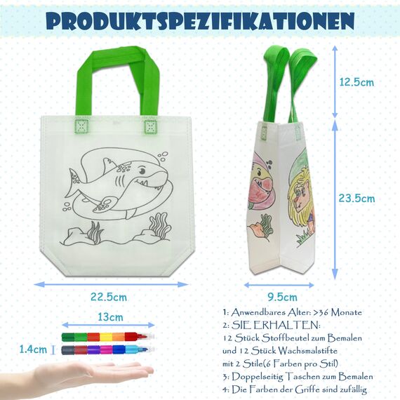 ICEPAPA, 6 Stück Stoffbeutel zum Bemalen für Kinder und 12 Stück Stapelbare Wachsmalstifte (Insgesamt 12 Farben), Perfekt für Mitgebsel Kindergeburtstag und Bastelset Kindergeburtstag