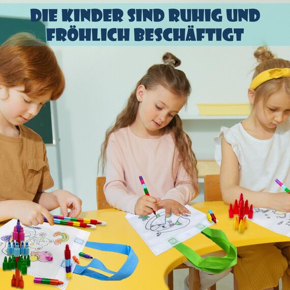 ICEPAPA, 12 Stück Stoffbeutel zum Bemalen für Kinder und 12 Stück Stapelbare Wachsmalstifte (12 Farben in 1), Perfekt für Kindergeburtstag Gastgeschenke, Give aways kindergeburtstag