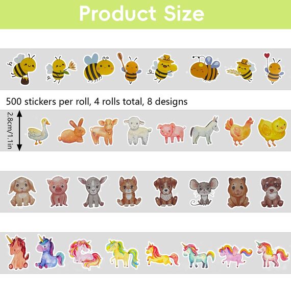 4 Roll Tier Sticker Kinder Stickers,Tieraufkleber Runde Cartoon Tier Aufkleber,Tiersticker Wasserdicht Tiersticker zum Aufkleben Kinder,Selbstklebende Stickerrolle für Scrapbook Laptop Trinkflasche