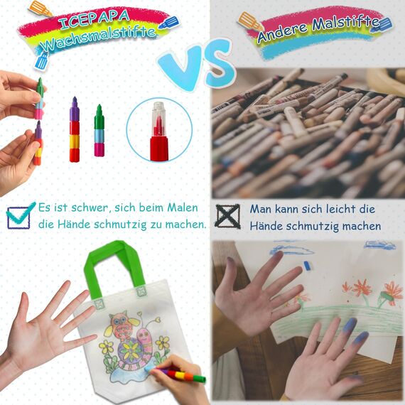 ICEPAPA, 12 Stück Stoffbeutel zum Bemalen für Kinder und 12 Stück Stapelbare Wachsmalstifte (12 Farben in 1), Perfekt für Kindergeburtstag Gastgeschenke, Give aways kindergeburtstag