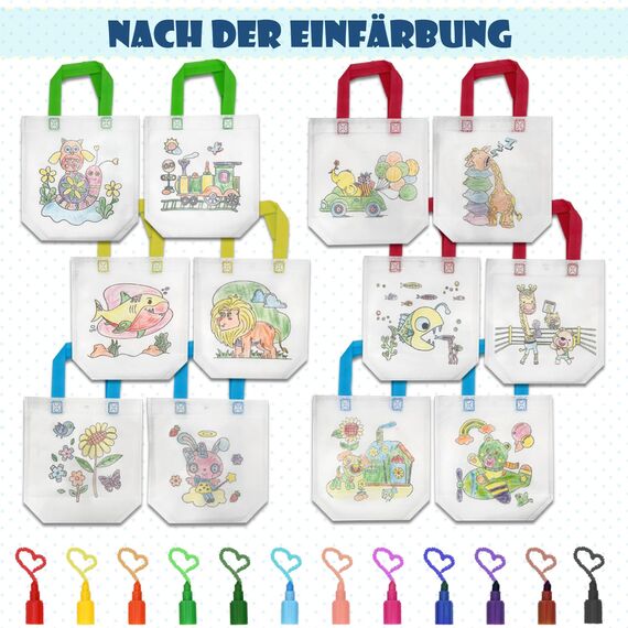 ICEPAPA, 6 Stück Stoffbeutel zum Bemalen für Kinder und 12 Stück Stapelbare Wachsmalstifte (Insgesamt 12 Farben), Perfekt für Mitgebsel Kindergeburtstag und Bastelset Kindergeburtstag