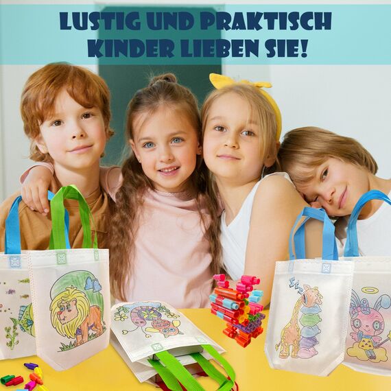 ICEPAPA, 6 Stück Stoffbeutel zum Bemalen für Kinder und 12 Stück Stapelbare Wachsmalstifte (Insgesamt 12 Farben), Perfekt für Mitgebsel Kindergeburtstag und Bastelset Kindergeburtstag