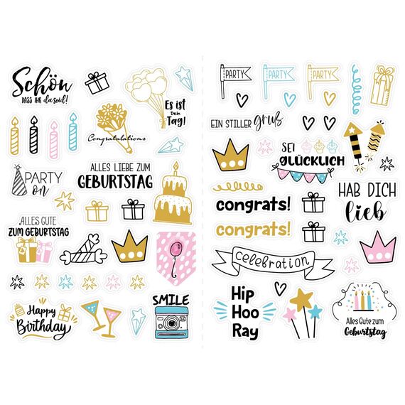 Sticker Geburtstag Gästebuch, SILARLAIT 225 Aufkleber für Gästebuch, Karten, Fotoalbum, Geburtstagskarten, Geschenke | Party-Deko für Erwachsene & Kinder | Set: 225 Motive auf 4 Bögen DIN-A4