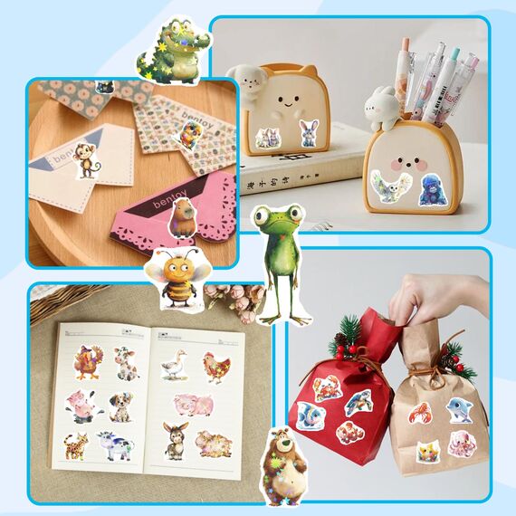 6 Bögen Tier Glitzer Sticker Kinder, Tiere Sticker Glitzer Aufkleber Kinder, Holografische Aufkleber Wasserfest Tiersticker für Skateboard Helme Kühlschränke Tischplatten Basteln Tieraufkleber