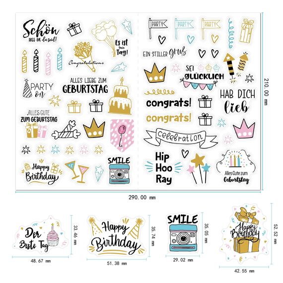 Sticker Geburtstag Gästebuch, SILARLAIT 225 Aufkleber für Gästebuch, Karten, Fotoalbum, Geburtstagskarten, Geschenke | Party-Deko für Erwachsene & Kinder | Set: 225 Motive auf 4 Bögen DIN-A4