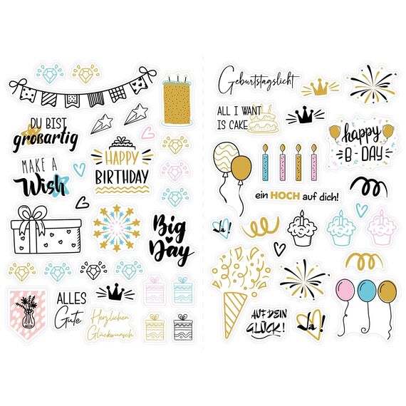 Sticker Geburtstag Gästebuch, SILARLAIT 225 Aufkleber für Gästebuch, Karten, Fotoalbum, Geburtstagskarten, Geschenke | Party-Deko für Erwachsene & Kinder | Set: 225 Motive auf 4 Bögen DIN-A4