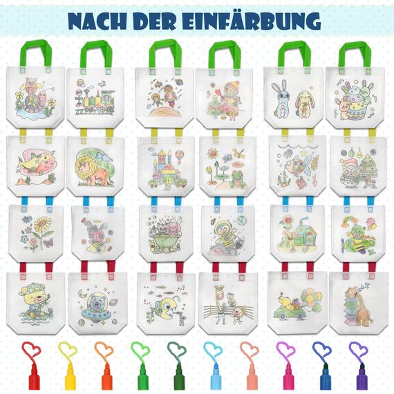 ICEPAPA, 12 Stück Stoffbeutel zum Bemalen für Kinder und 12 Stück Stapelbare Wachsmalstifte (10 Farben in 1), Perfekt für Kindergeburtstag Gastgeschenke und Kleine Geschenke