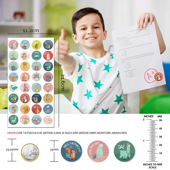 1600 Stück Tier Belohnungsaufkleber, 25mm Motivationsaufkleber für Kinder, 32 Muster Selbstklebende Lehrer Belohnung Aufkleber, Deutsch Belohnungssticker Reward Stickers Tieraufkleber für Lehrerbedarf