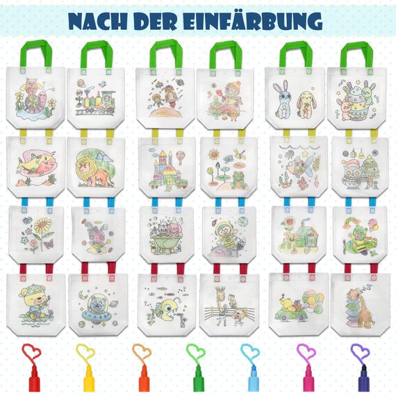 ICEPAPA, 12 Stück Stoffbeutel zum Bemalen für Kinder und 12 Stück Stapelbare Wachsmalstifte (7 Farben in 1), Perfekt für Kindergeburtstag Gastgeschenke, Bastelset Kindergeburtstag