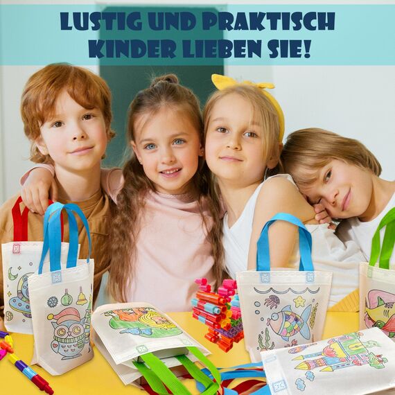 ICEPAPA, 12 Stück Stoffbeutel zum Bemalen für Kinder und 12 Stück Stapelbare Wachsmalstifte (10 Farben in 1), Perfekt für Kindergeburtstag Gastgeschenke und Kleine Geschenke