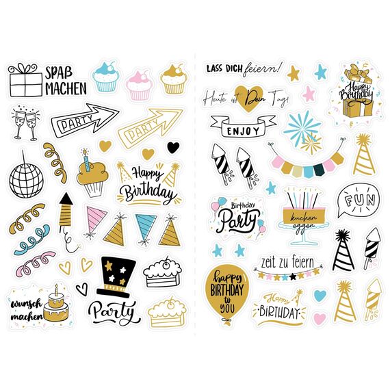 Sticker Geburtstag Gästebuch, SILARLAIT 225 Aufkleber für Gästebuch, Karten, Fotoalbum, Geburtstagskarten, Geschenke | Party-Deko für Erwachsene & Kinder | Set: 225 Motive auf 4 Bögen DIN-A4
