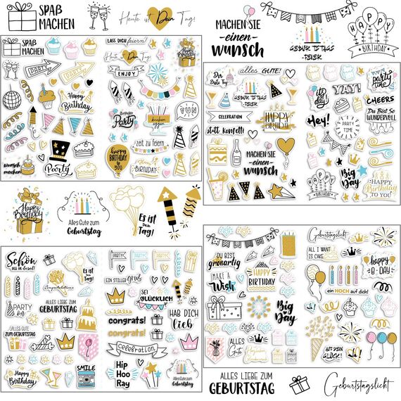 Sticker Geburtstag Gästebuch, SILARLAIT 225 Aufkleber für Gästebuch, Karten, Fotoalbum, Geburtstagskarten, Geschenke | Party-Deko für Erwachsene & Kinder | Set: 225 Motive auf 4 Bögen DIN-A4