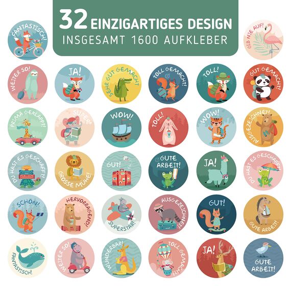 1600 Stück Tier Belohnungsaufkleber, 25mm Motivationsaufkleber für Kinder, 32 Muster Selbstklebende Lehrer Belohnung Aufkleber, Deutsch Belohnungssticker Reward Stickers Tieraufkleber für Lehrerbedarf