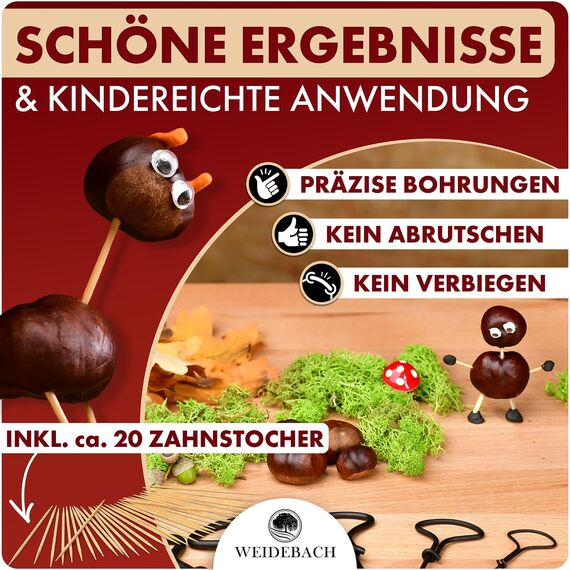 WEIDEBACH® 6-teiliges Kastanienbohrer Set, 1,5-6 mm Bohrer inkl. 20 Zahnstocher zum Basteln, Kastanien-Bastelset, Kastanienset, Kastanienmännchen Bastelset, Holzbohrer Handbohrer für Kastanien