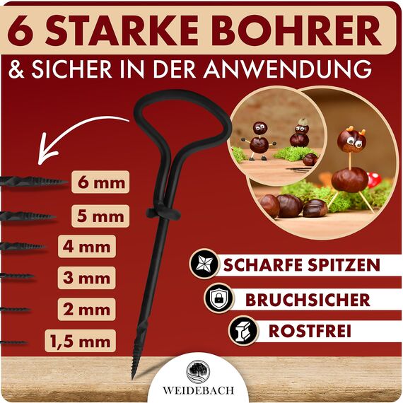WEIDEBACH® 6-teiliges Kastanienbohrer Set, 1,5-6 mm Bohrer inkl. 20 Zahnstocher zum Basteln, Kastanien-Bastelset, Kastanienset, Kastanienmännchen Bastelset, Holzbohrer Handbohrer für Kastanien