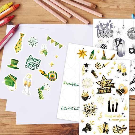 DPKOW 24 Blatt Neujahr Sticker Set, 2026 Silvester Sticker Aufkleber zur Scrapbook Bullet Journal Fotoalbum, Neujahr Aufkleber zur Basteln Geschenke Silvester Deko