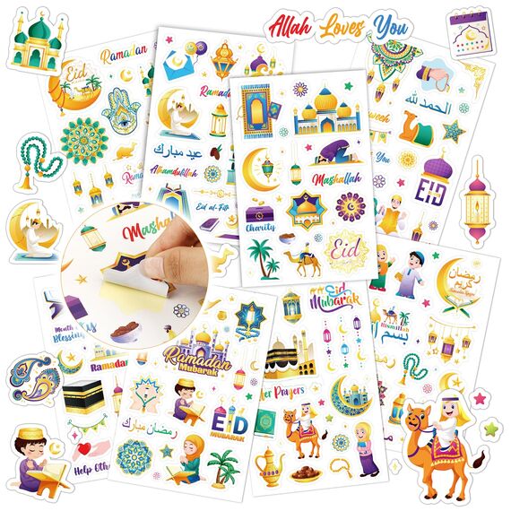 DPKOW 24 Blatt Islamische Sticker Set, Ramadan Eid Sticker Aufkleber Islamische Blumen Mond Stern Sticker zur Eid Basteln Geschenke für DIY Scrapbook Bullet Journal Fotoalbum Eid Ramadan Deko