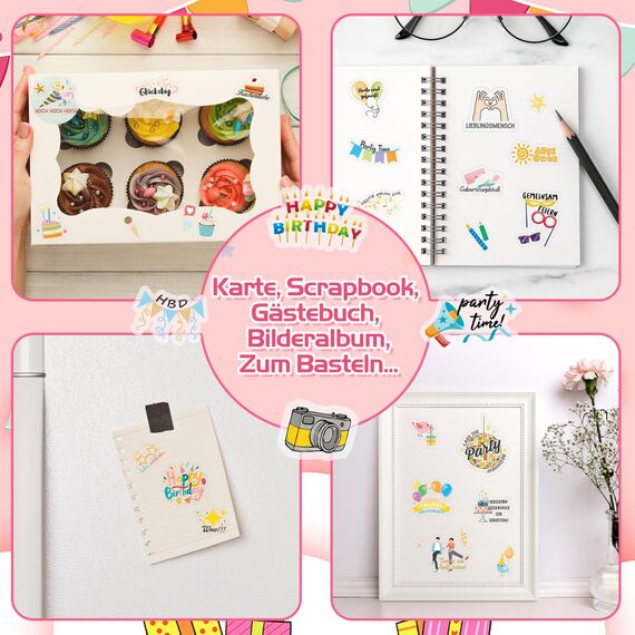 DPKOW 310+ Sticker für Geburtstag Gästebuch Fotoalbum, Geburtstag Aufkleber für Scrapbook Geburtstagskarten Geschenke Deko Geburtstag Sticker für Erwachsene Kinder Bullet Journal, Transparent