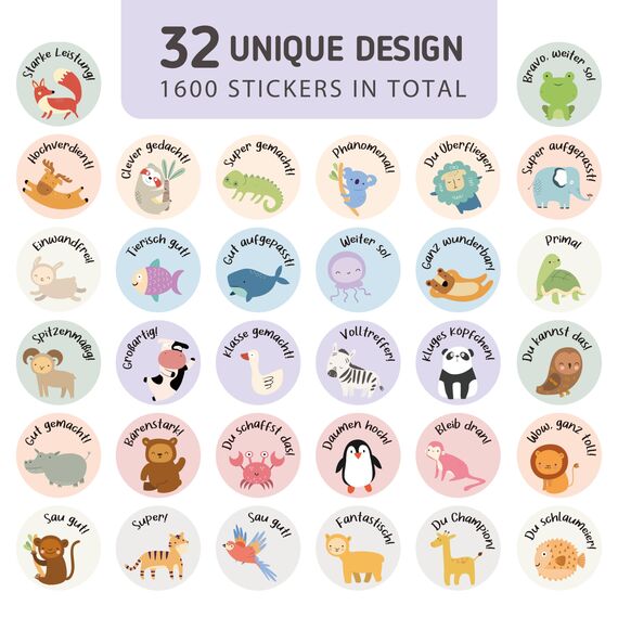 1600 Stück Tier Belohnungsaufkleber, 25mm Motivationsaufkleber für Kinder, 32 Muster Selbstklebende Lehrer Belohnung Aufkleber, Deutsch Belohnungssticker Reward Stickers Tieraufkleber für Lehrerbedarf