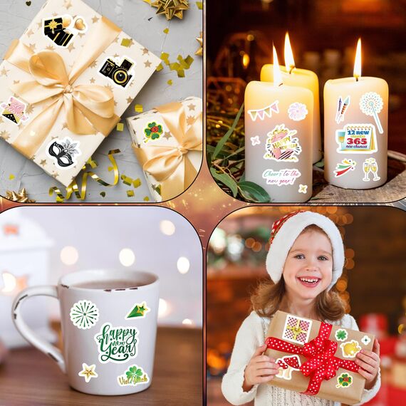 DPKOW 24 Blatt Neujahr Sticker Set Glücksbringer Silvester Aufkleber Frohes neues Jahr Viel Glück Sticker Glücksbringer Glücksschwein Kleeblatt Aufkleber zur Scrapbook Bullet Journal Fotoalbum