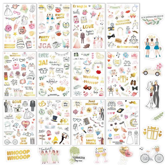 DPKOW JGA Sticker Hochzeit Gästebuch 12 Bögen, Fotoalbum Aufkleber JGA Hochzeit Scrapbook Bullet Journal Stickers Liebe Love Wedding Deko Hochzeit JGA Aufkleber Junggesellinnenabschied, Glitzer