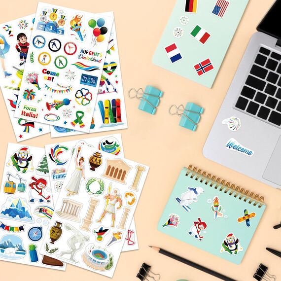 DPKOW 24 x Wintersport Sticker zum Basteln Scrapbooking Bullet Journal, DIY Aufkleber für Wintersport Party Deko, Medaillen Fackel Flaggen Sportler Sticker Schneeflocken Skifahren Rodeln