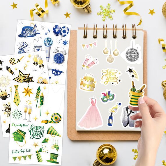 DPKOW 24 Blatt Neujahr Sticker Set, 2026 Silvester Sticker Aufkleber zur Scrapbook Bullet Journal Fotoalbum, Neujahr Aufkleber zur Basteln Geschenke Silvester Deko