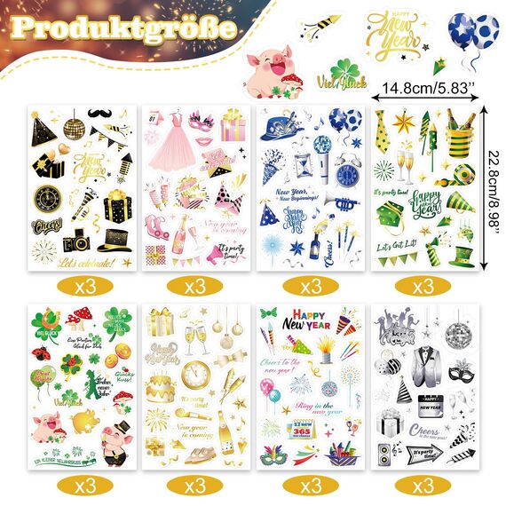 DPKOW 24 Blatt Neujahr Sticker Set Glücksbringer Silvester Aufkleber Frohes neues Jahr Viel Glück Sticker Glücksbringer Glücksschwein Kleeblatt Aufkleber zur Scrapbook Bullet Journal Fotoalbum