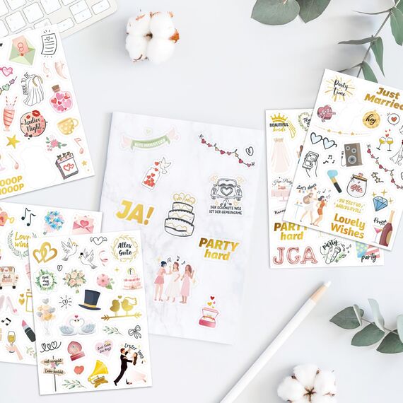 DPKOW JGA Sticker Hochzeit Gästebuch 12 Bögen, Fotoalbum Aufkleber JGA Hochzeit Scrapbook Bullet Journal Stickers Liebe Love Wedding Deko Hochzeit JGA Aufkleber Junggesellinnenabschied, Glitzer