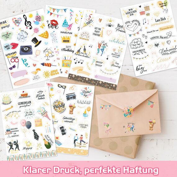 DPKOW 310+ Sticker für Geburtstag Gästebuch Fotoalbum, Geburtstag Aufkleber für Scrapbook Geburtstagskarten Geschenke Deko Geburtstag Sticker für Erwachsene Kinder Bullet Journal, Transparent