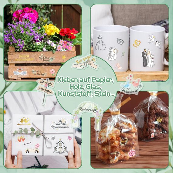 DPKOW JGA Sticker Hochzeit Gästebuch 12 Bögen, Fotoalbum Aufkleber JGA Hochzeit Scrapbook Bullet Journal Stickers Liebe Love Wedding Deko Hochzeit JGA Aufkleber Junggesellinnenabschied, Glitzer