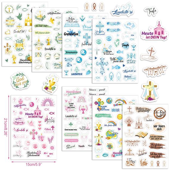 DPKOW Taufe Konfirmation Kommunion Sticker Set 227stk, Gästebuch Sticker Konfirmation Taufe Kommunion Aufkleber Scrapbook Karten Deko Fotoalbum Basteln Mädchen Jungen Kinder